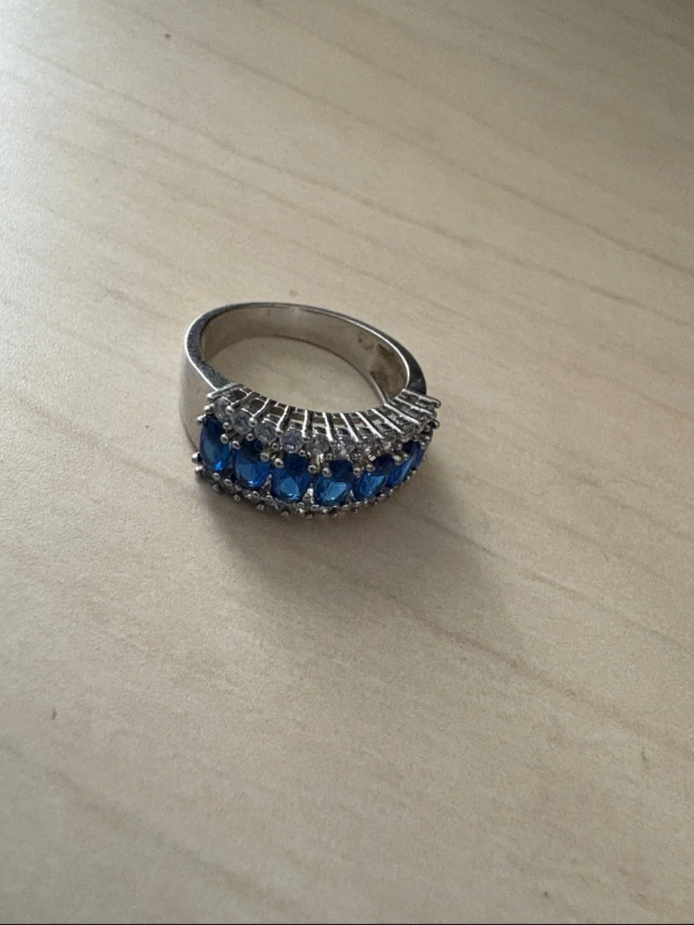 Blue Crystal Band Ring with Silver Accents - Women Jewelry